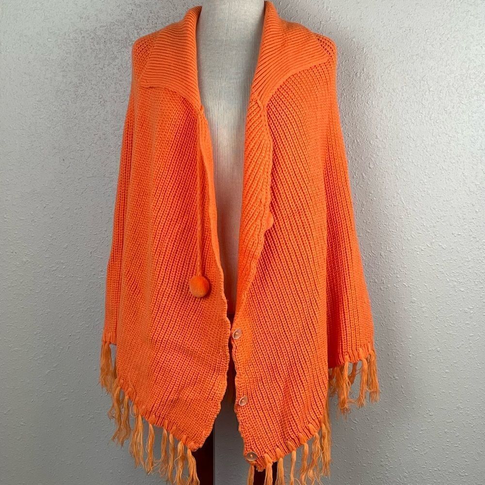 EUC Alka Womens Bright Orange Shawl with Pom Pom Ties and Button Down Size M/L